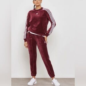 Adidas Originals Women's Velour 2pc Set Crew Neck Sweater Track Pants Maroon